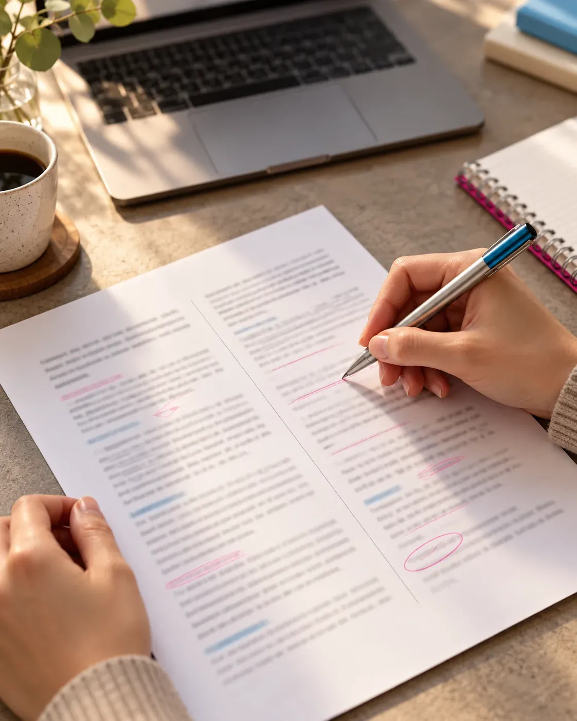 Hands marking edits on a printed two-language document with a pen
