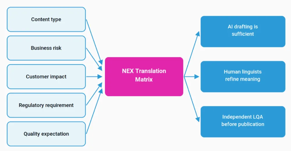 The NEX Translation Matrix routes content, not projects. One release normally produces all three outcomes at once.