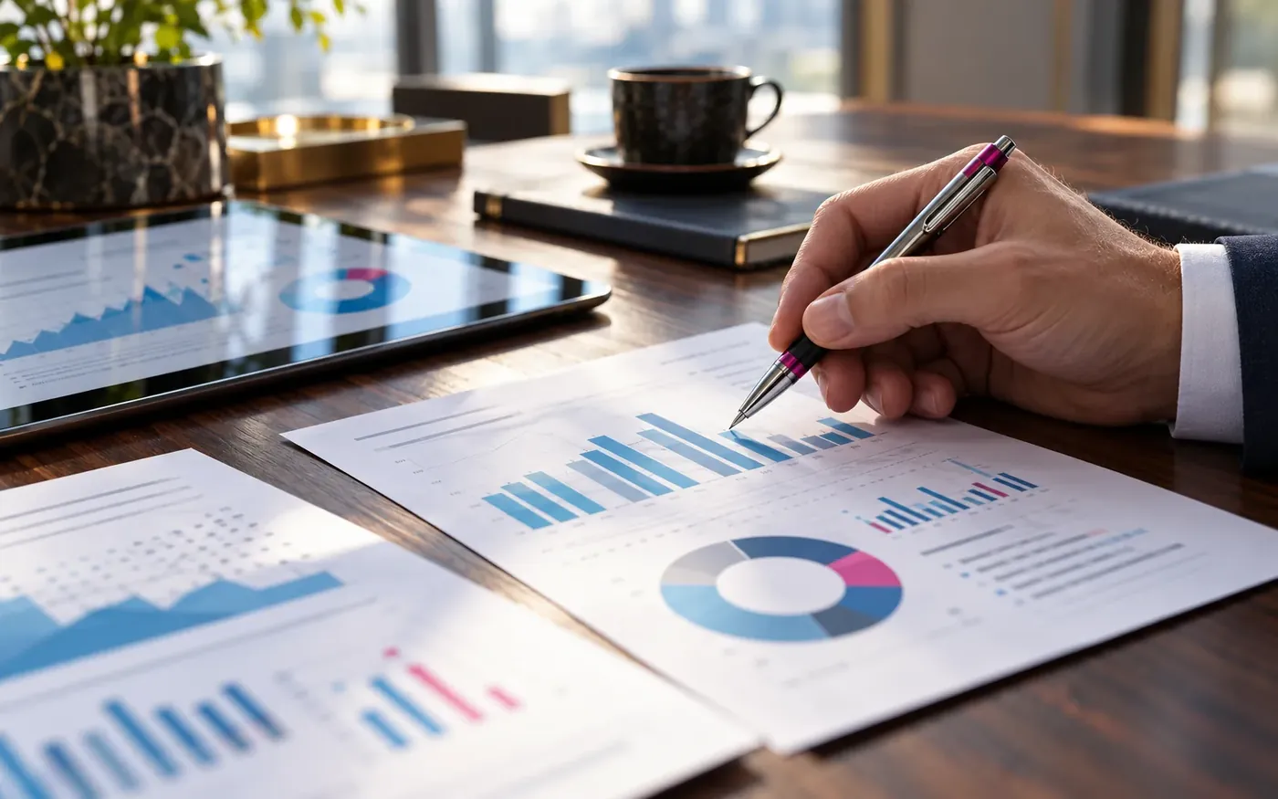 Financial reports and a tablet on a meeting table, a hand holding a pen