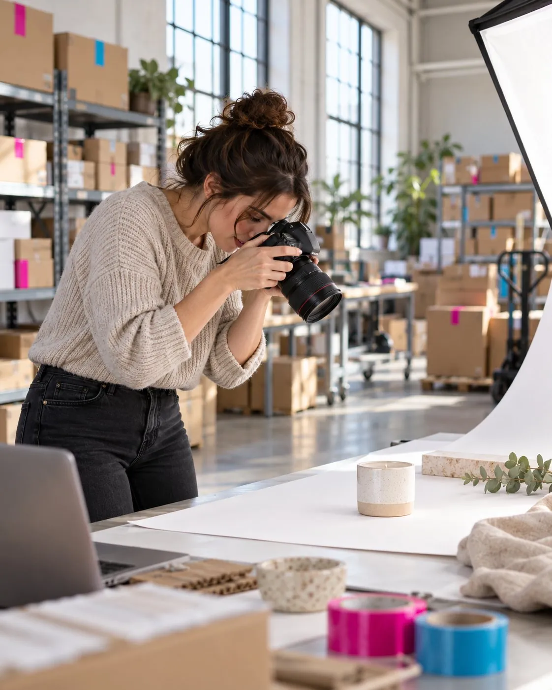 A product photographer shooting an item in an e-commerce warehouse