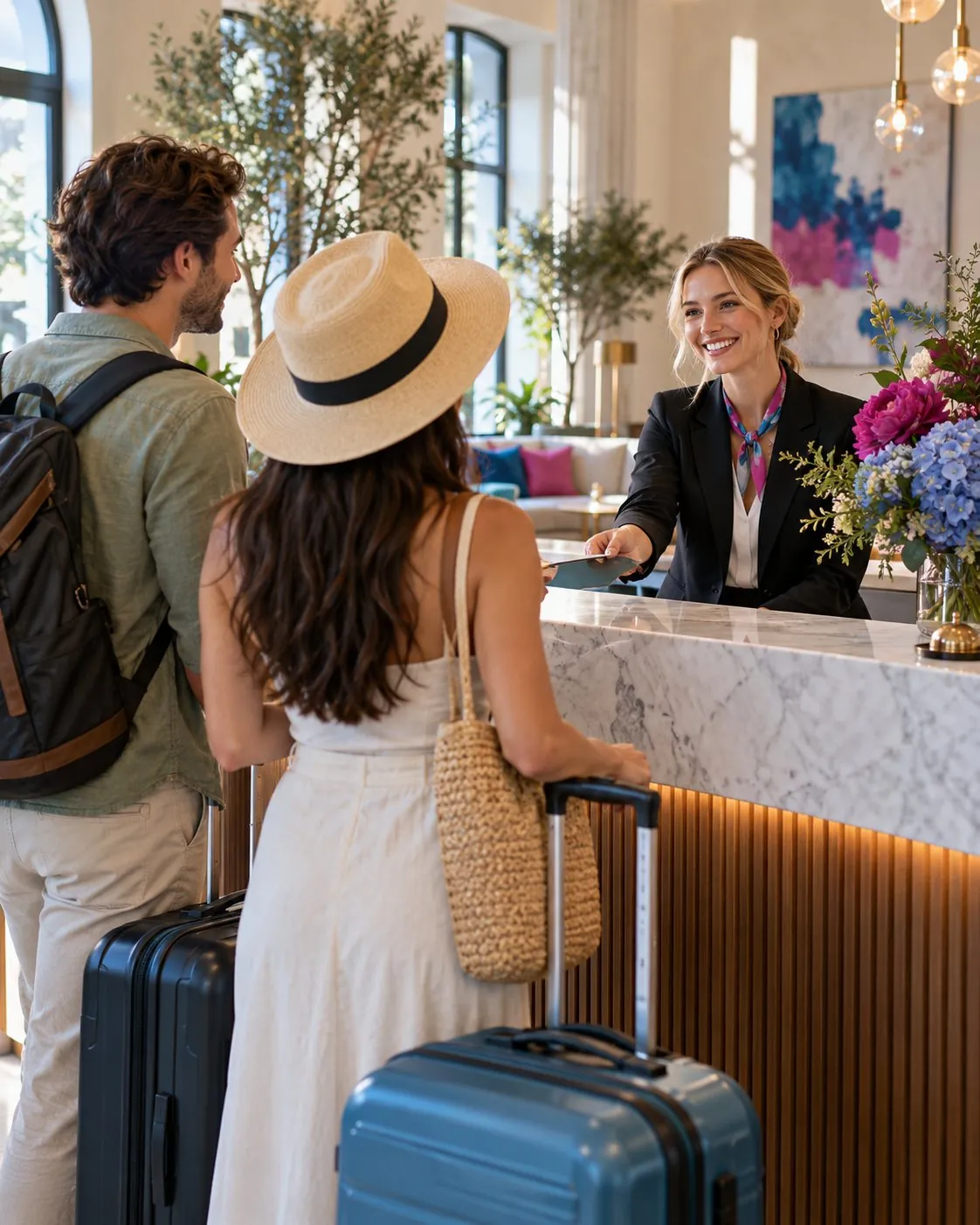 Travelers checking in at a hotel reception desk