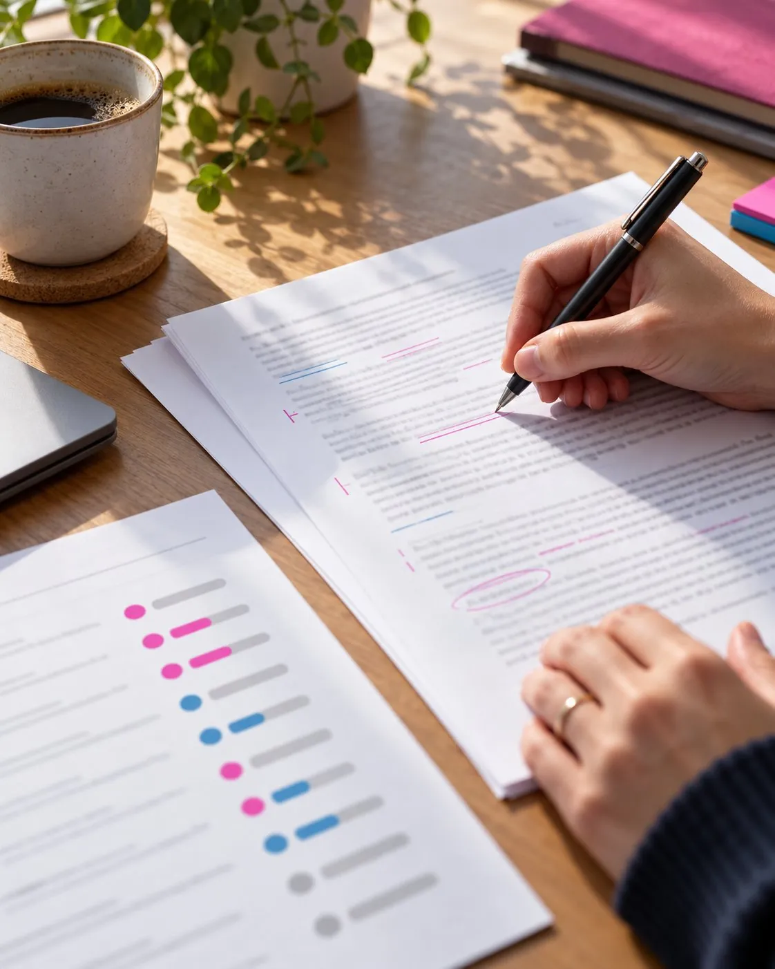 A reviewer marking errors on a printed translation beside a quality scorecard