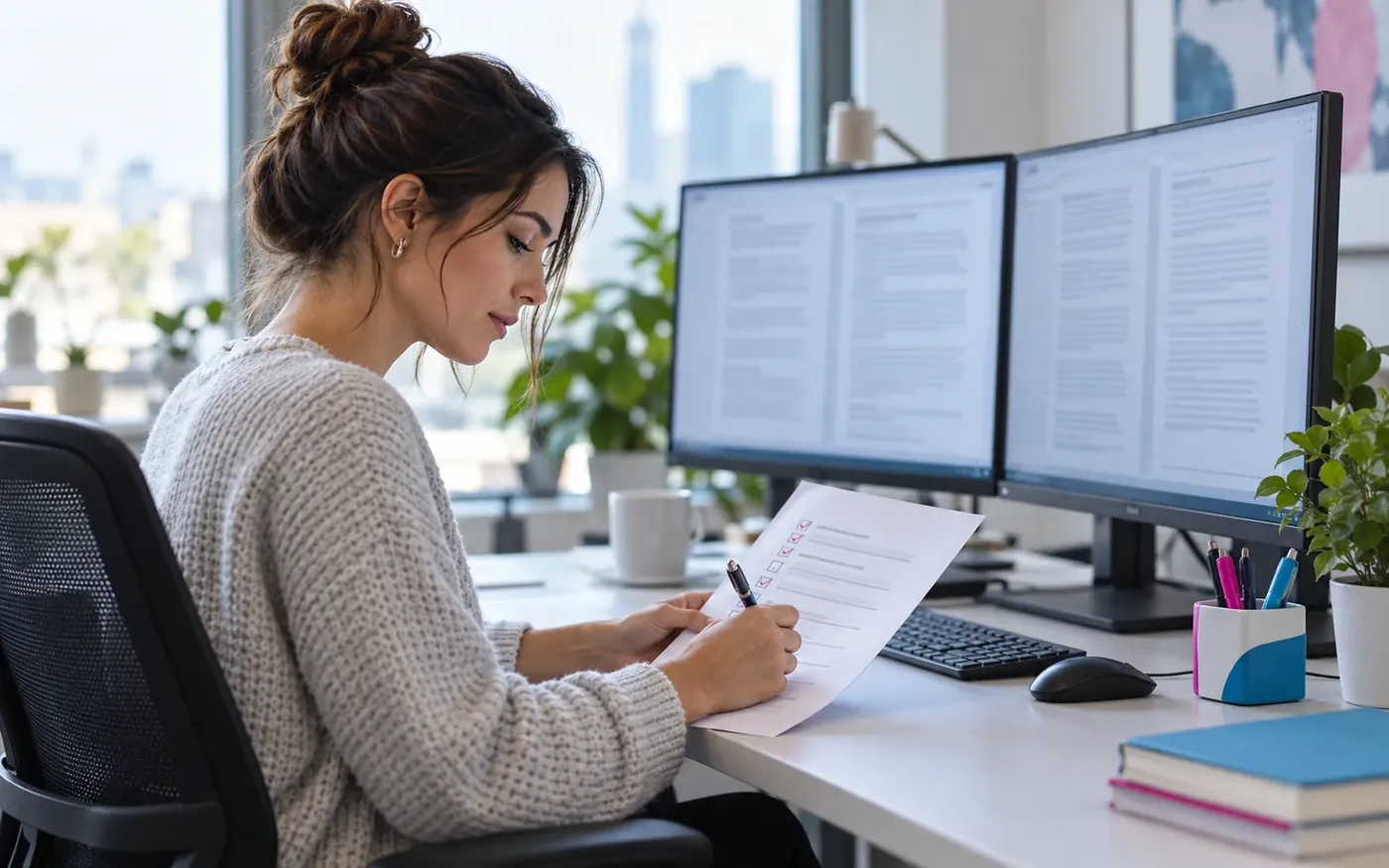 A reviewer checking translated text against a printed checklist